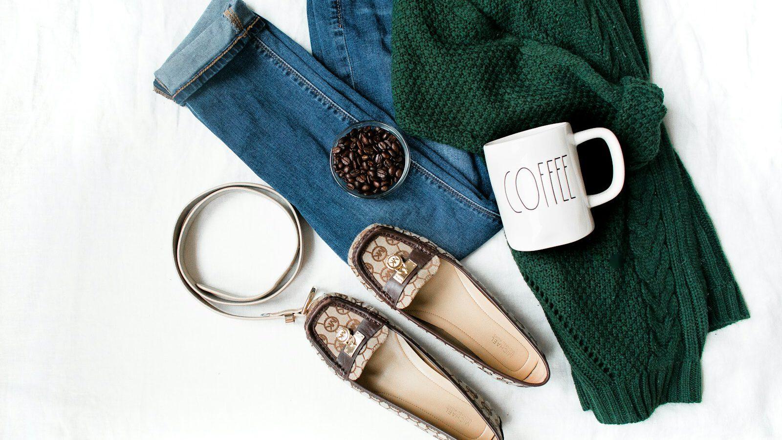 Pair Of Brown Leather Flats And White Ceramic Mug